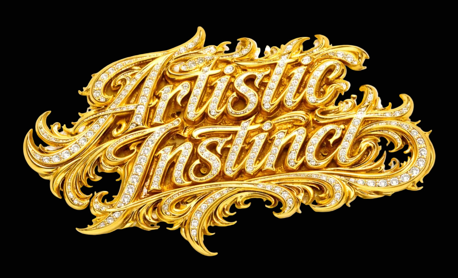 Gold brooch with 'Artistic Instinct' text on a white background
