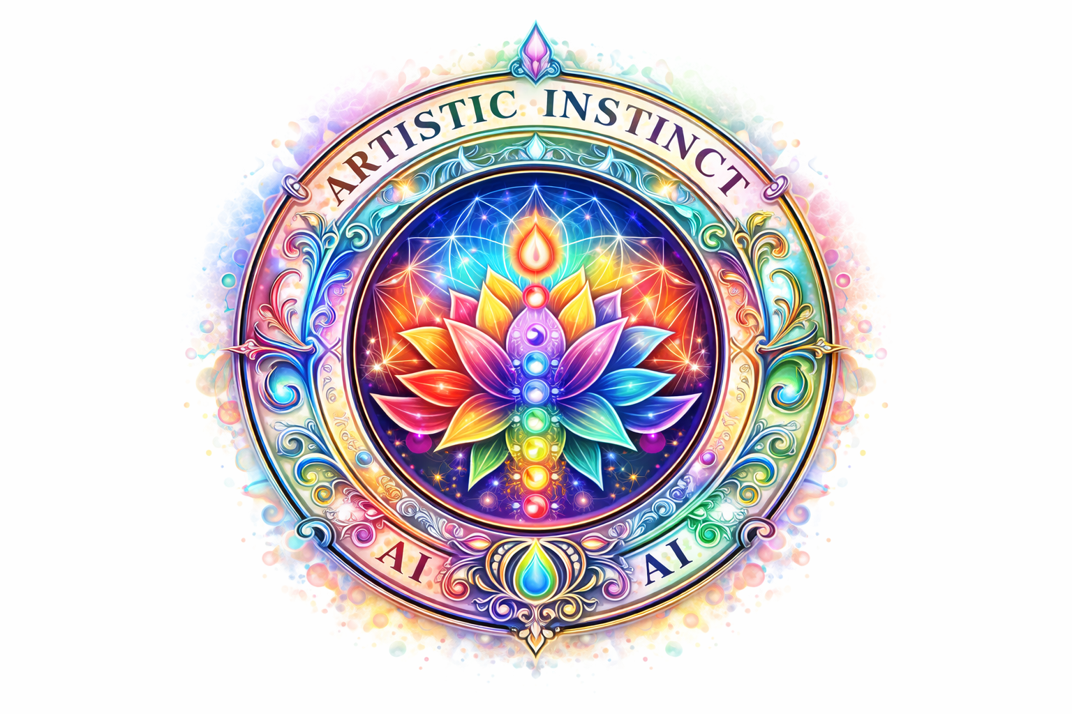 Colorful mandala with 'Artistic Instinct' text and a lotus flower in the center on a white background.