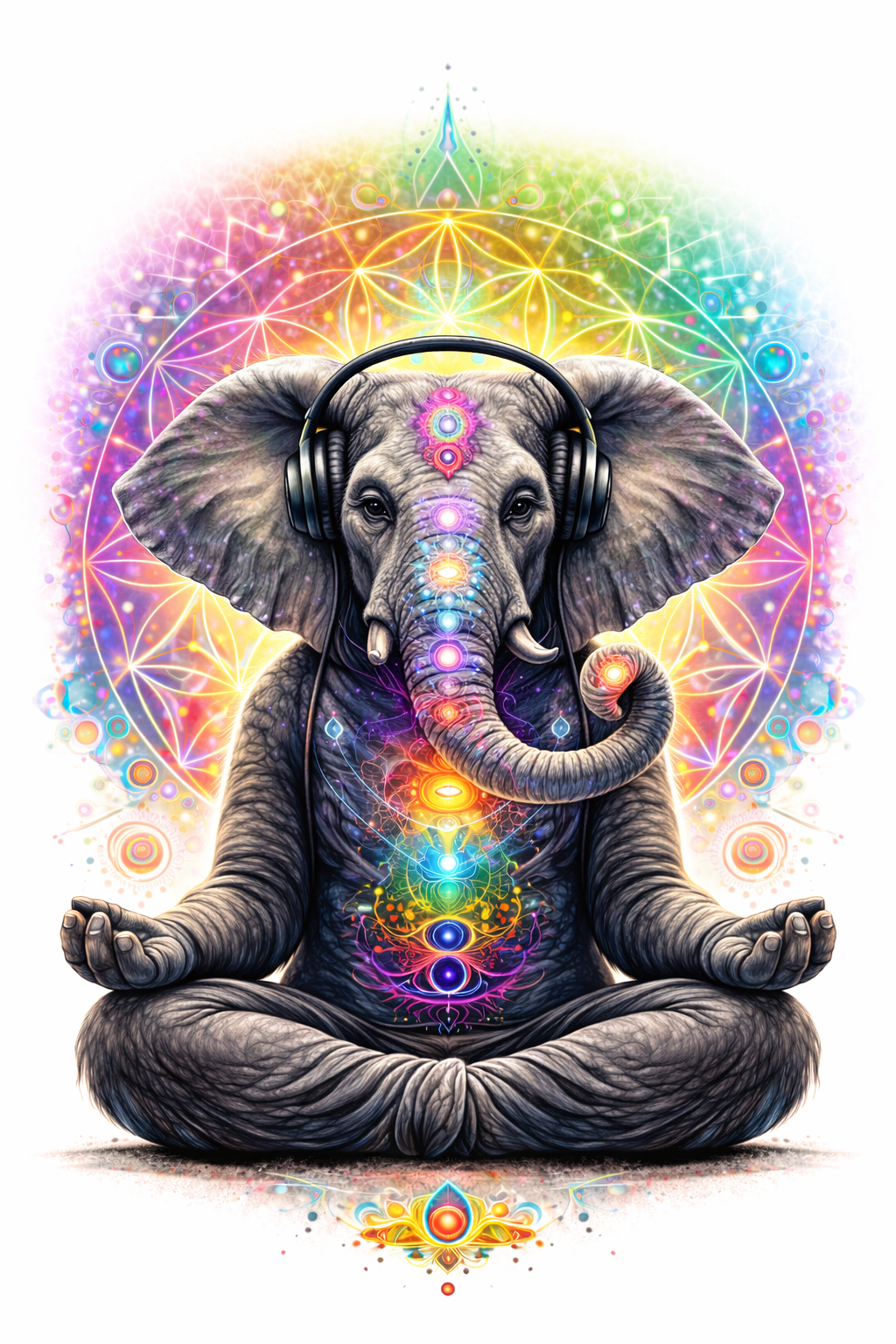 Elephant wearing headphones with a colorful, mandala-like background
