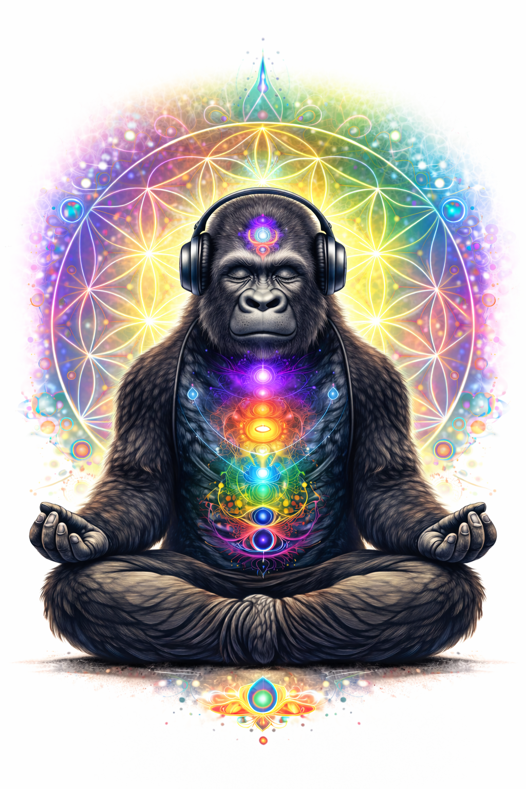 Illustration of a meditating gorilla with chakra colors and headphones, surrounded by a colorful geometric design.