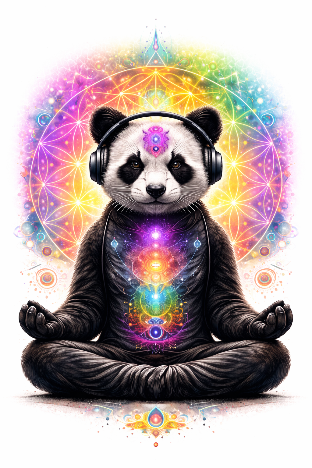 Meditating panda bear with headphones on a colorful mandala background
