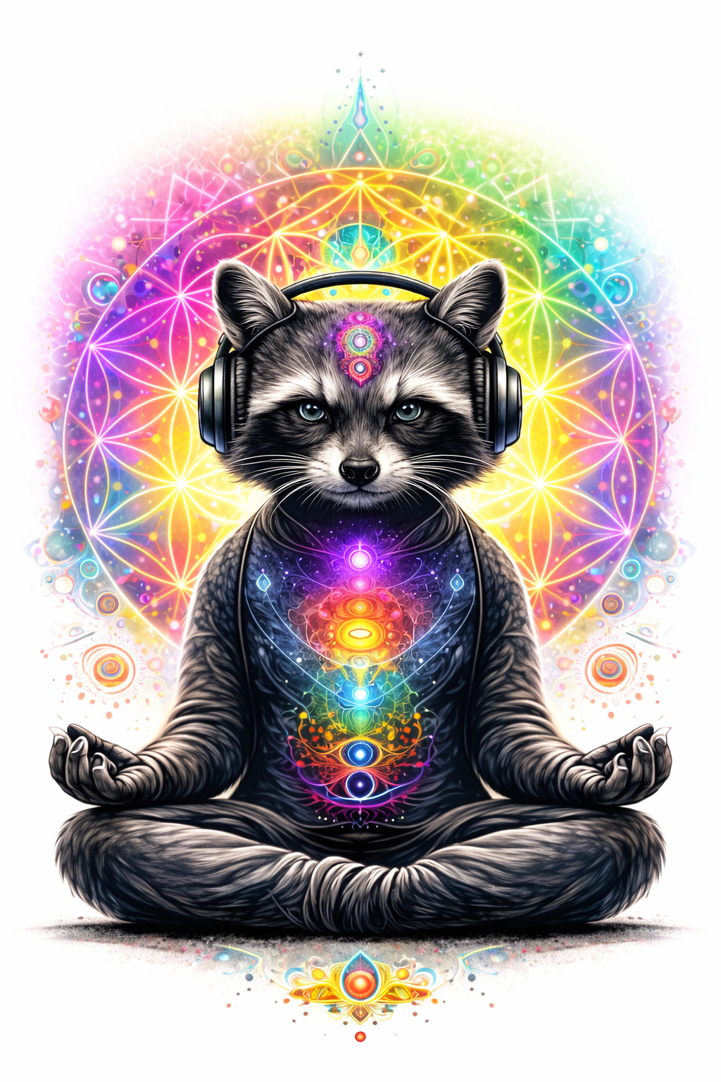 Illustration of a raccoon meditating with colorful geometric patterns